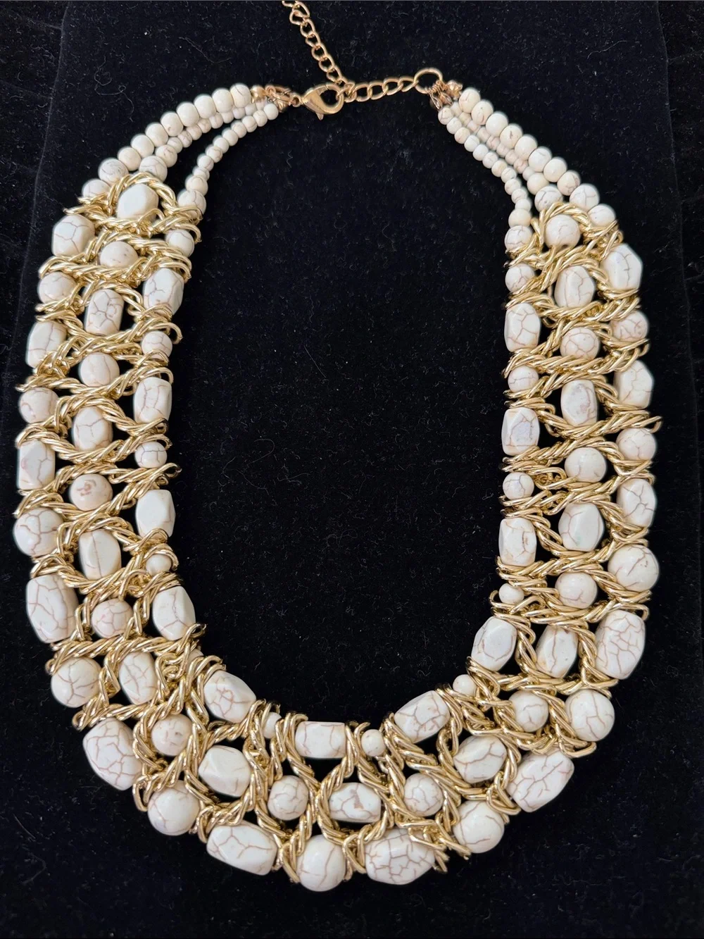 White Natural Howlite and Gold-Tone Statement Collar Necklace